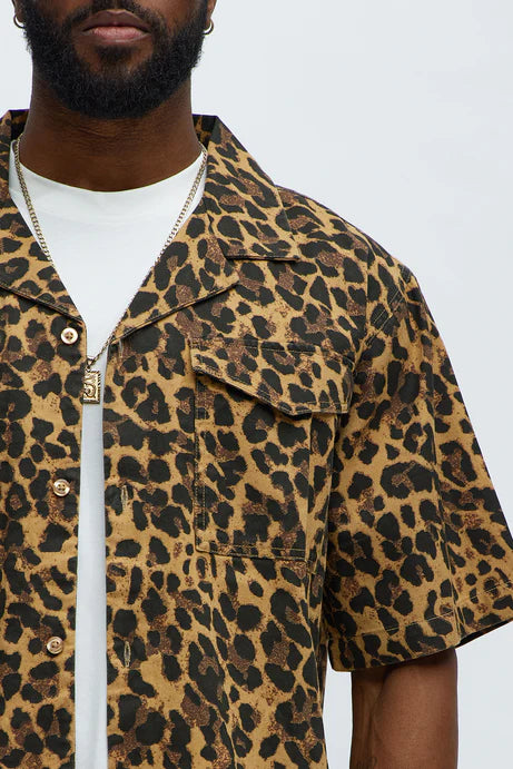 Chemise boutonnée à col cubain imprimé guépard - Tan/Multi