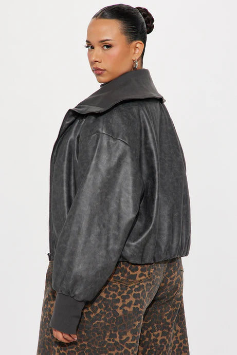 Blouson aviateur en faux cuir lavé True Desire - Charbon de bois