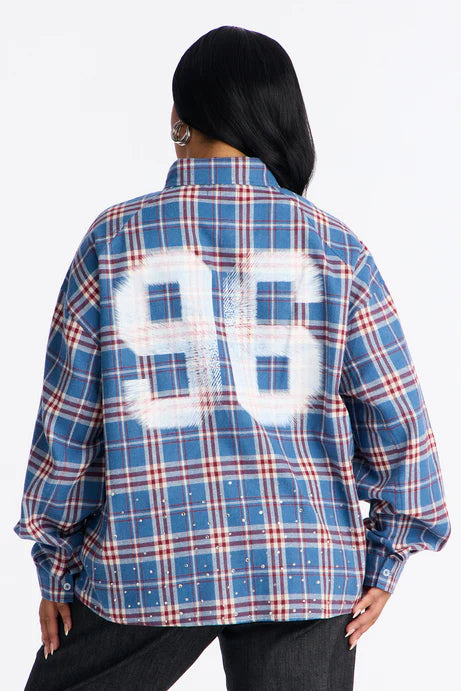 96 Vintage Fantasy Strass Plaid Long Flanelle - Bleu/combo