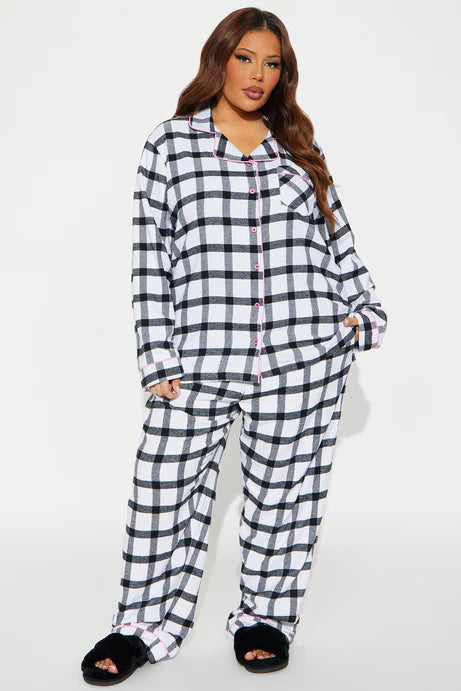 Ensemble de pantalon pyjama à manches longues en flanelle So Chill - Blanc/Noir