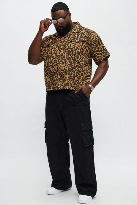 Chemise boutonnée à col cubain imprimé guépard - Tan/Multi