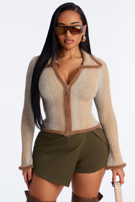 Cardigan à fermeture éclair confortable sur le devant Ombre - Marron/combo