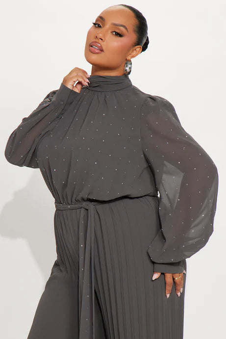 Combinaison à jambes larges à col simulé orné Monica - Gris