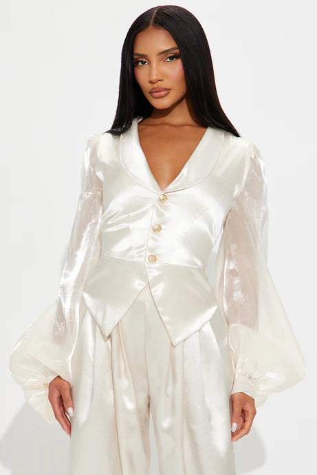 Combinaison à manches ballon en satin fantaisiste - Crème