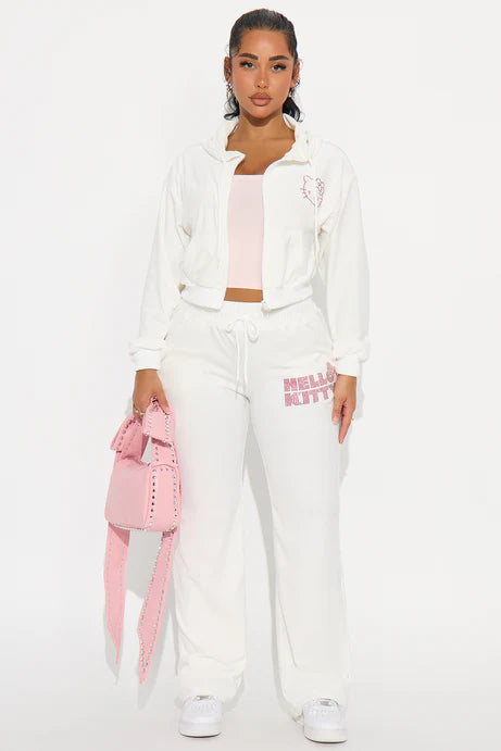 Sweat à capuche zippé en velours strass Hello Kitty - Blanc