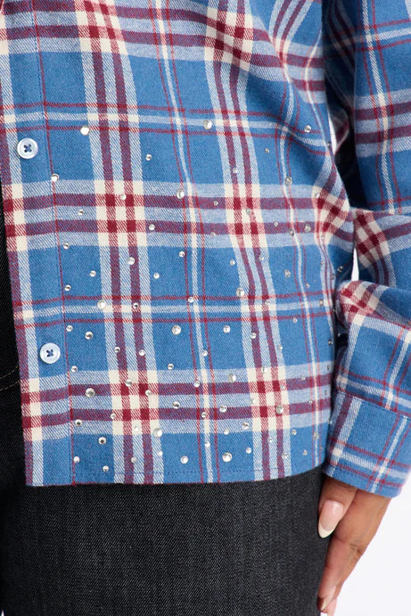 96 Vintage Fantasy Strass Plaid Long Flanelle - Bleu/combo