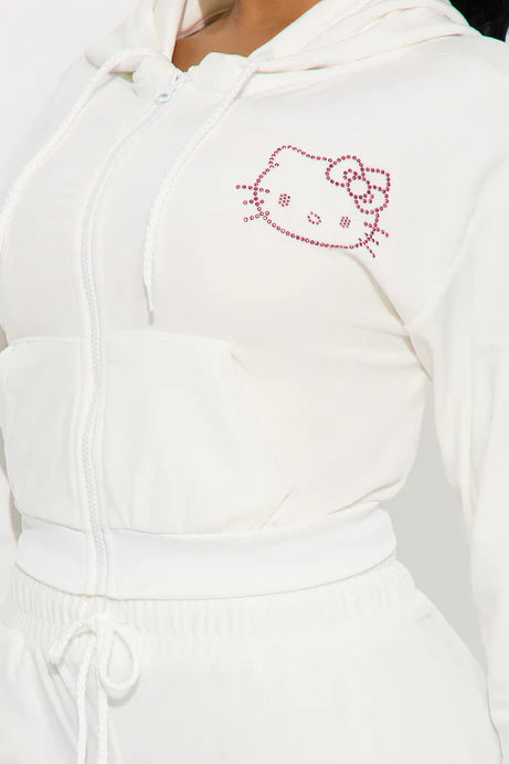 Sweat à capuche zippé en velours strass Hello Kitty - Blanc