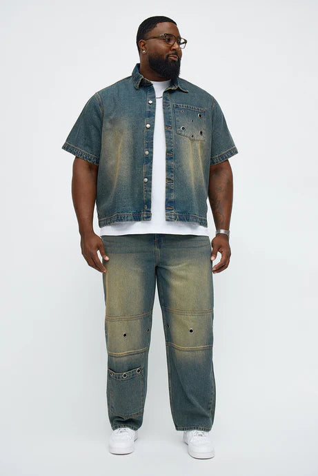 Chemise en jean boutonnée avec détails à œillets - Vintage Blue Wash