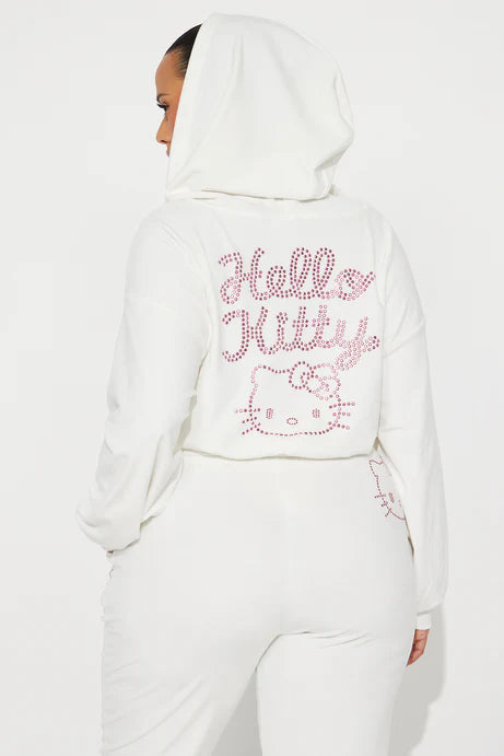 Sweat à capuche zippé en velours strass Hello Kitty - Blanc