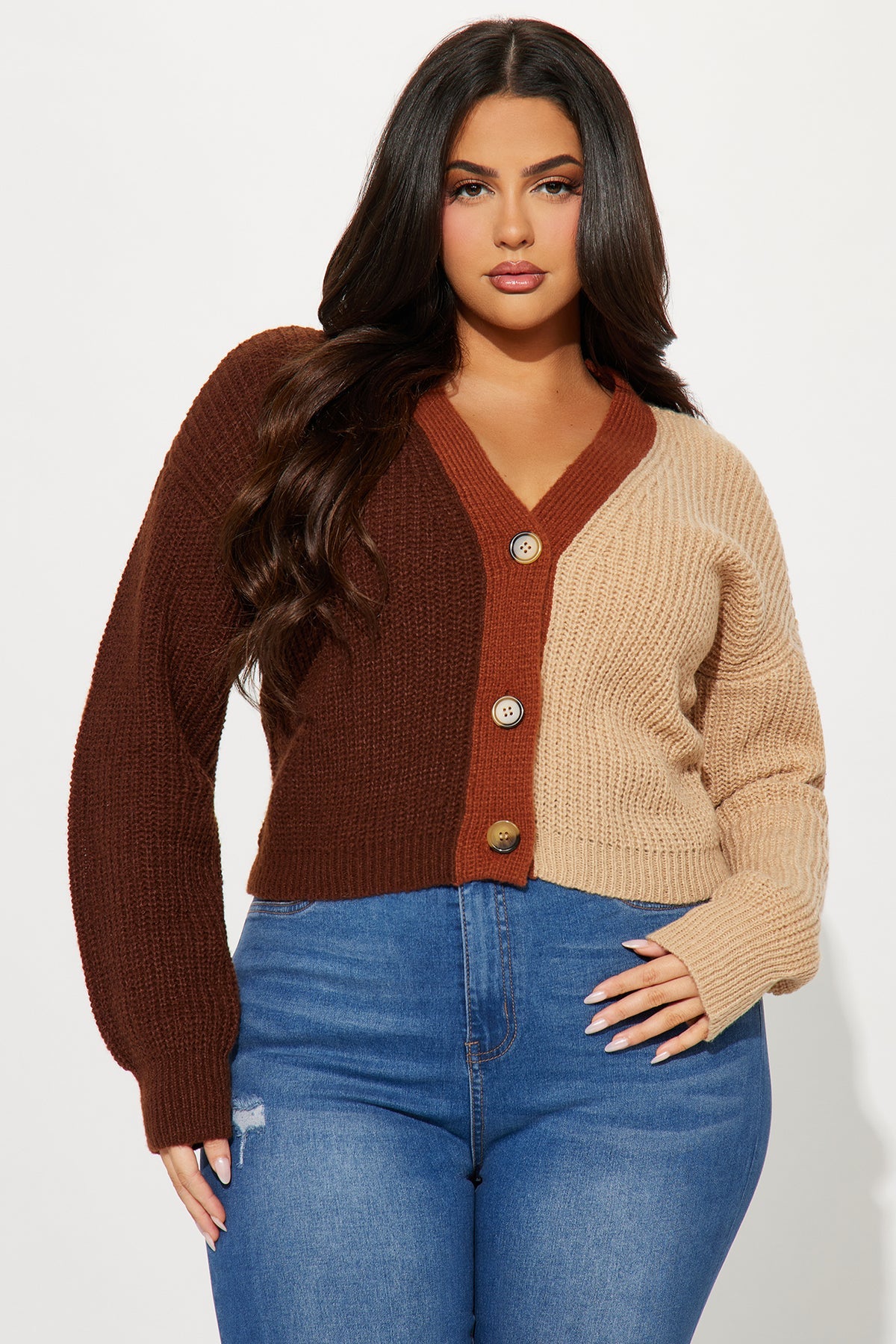 Cardigan court Katja Color Block - Marron/combo