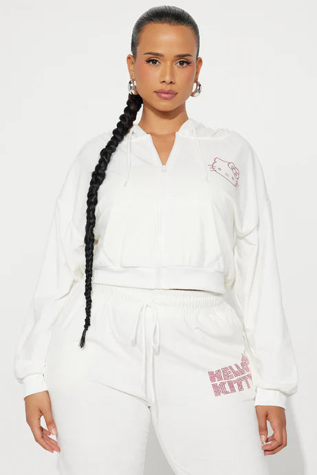 Sweat à capuche zippé en velours strass Hello Kitty - Blanc