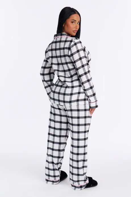 Ensemble de pantalon pyjama à manches longues en flanelle So Chill - Blanc/Noir