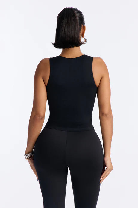 Débardeur à col en U double doublé sans couture - Noir