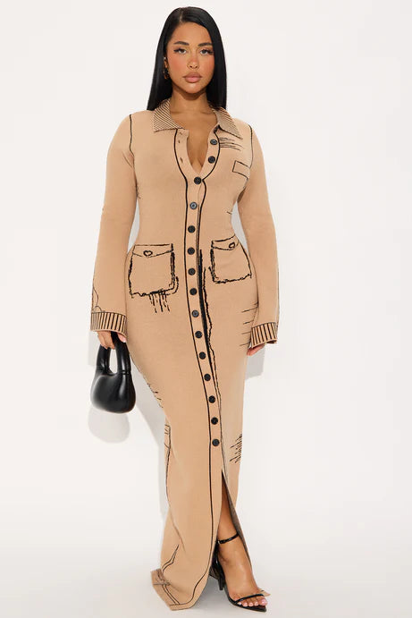 Jayne Printed Maxi Sweater Dress - Taupe/combo