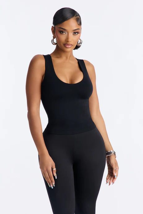 Débardeur à col en U double doublé sans couture - Noir