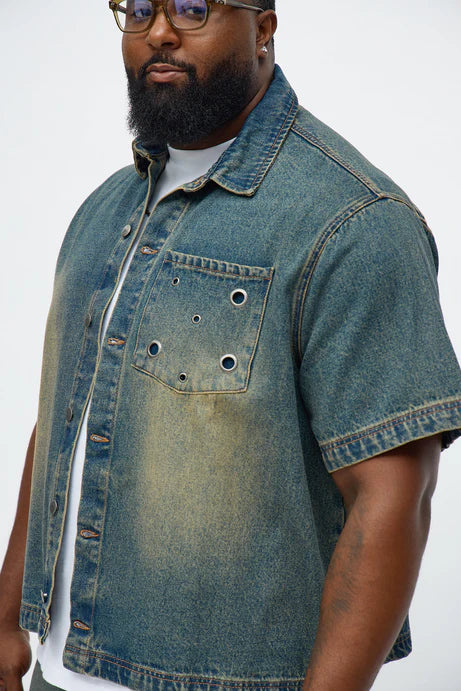 Chemise en jean boutonnée avec détails à œillets - Vintage Blue Wash