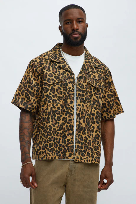 Chemise boutonnée à col cubain imprimé guépard - Tan/Multi