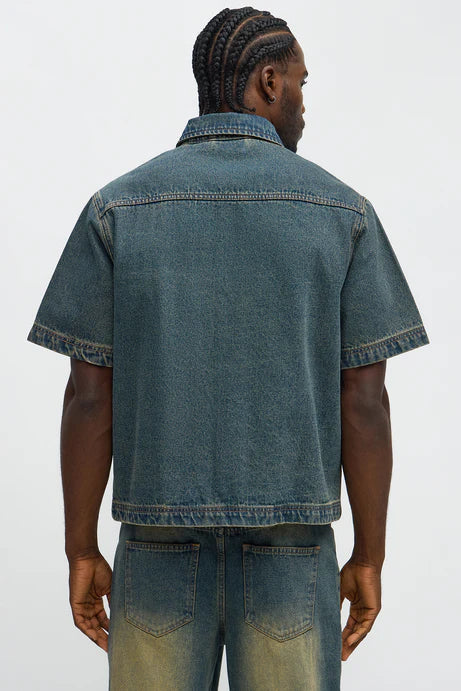 Chemise en jean boutonnée avec détails à œillets - Vintage Blue Wash