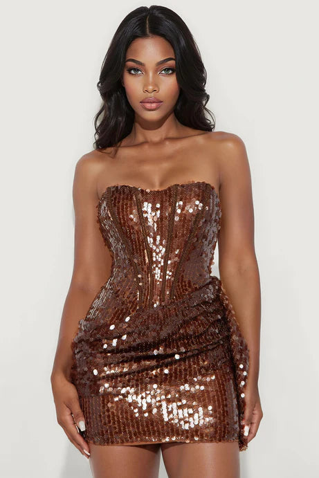Demi drapé coroset robe mini-robe à paillettes - Marron
