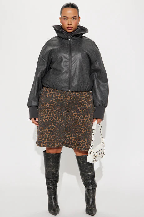 Blouson aviateur en faux cuir lavé True Desire - Charbon de bois