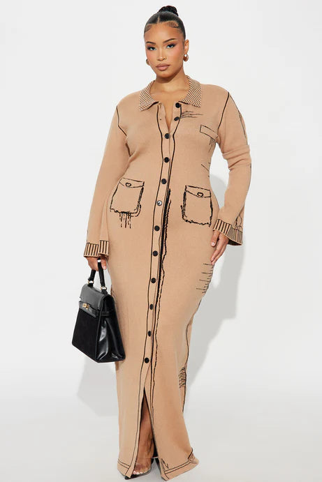 Jayne Printed Maxi Sweater Dress - Taupe/combo