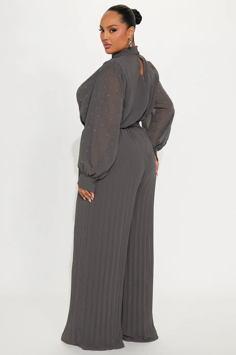 Combinaison à jambes larges à col simulé orné Monica - Gris