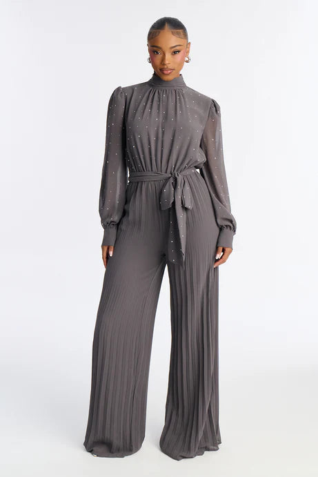 Combinaison à jambes larges à col simulé orné Monica - Gris