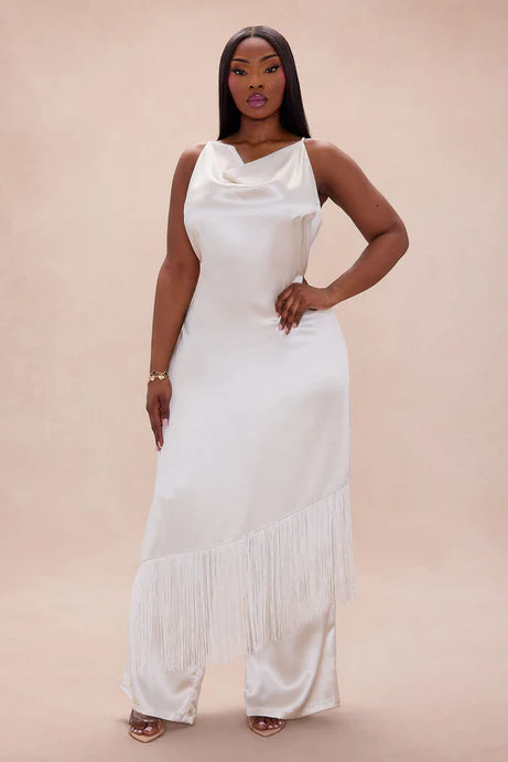 Ensemble de pantalons en satin à franges Ceile - Crème