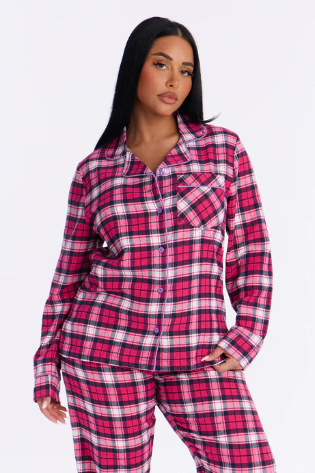 Ensemble de pantalon de pyjama à manches longues en flanelle So Chill - Rose vif/combo