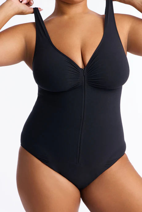 Body sans couture à compression sans couture avec fermeture éclair sur le devant - Noir