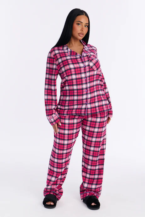 Ensemble de pantalon de pyjama à manches longues en flanelle So Chill - Rose vif/combo