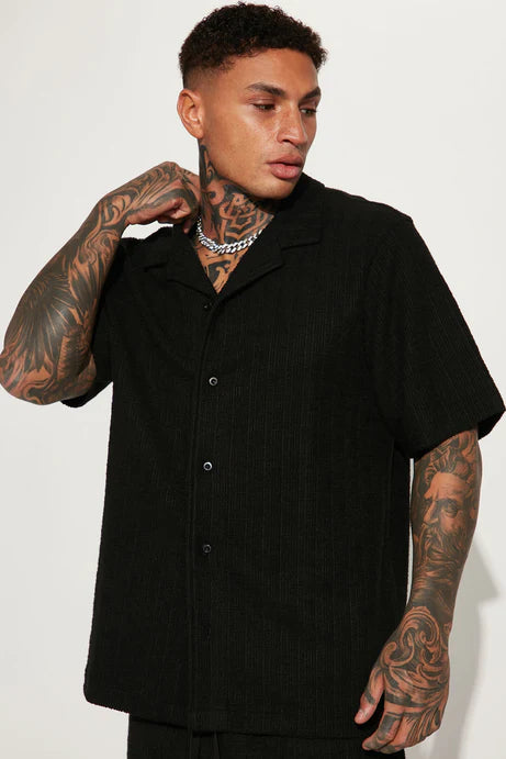 Chemise boutonnée à manches courtes texturée Dean - Noir