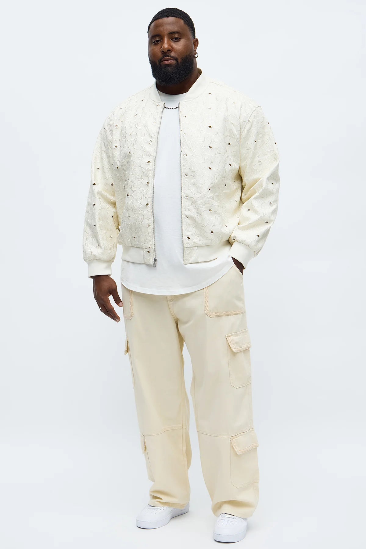 Blouson aviateur floral brodé en faux cuir décontracté - Blanc cassé