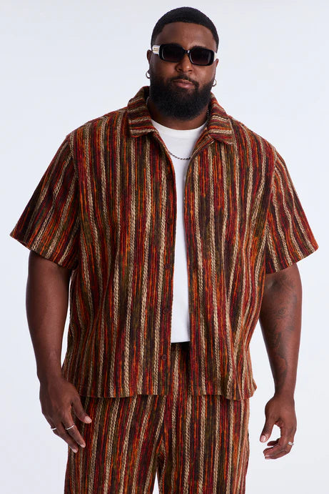 Chemise à manches courtes à col fermé en fil mélangé - Marron/combo