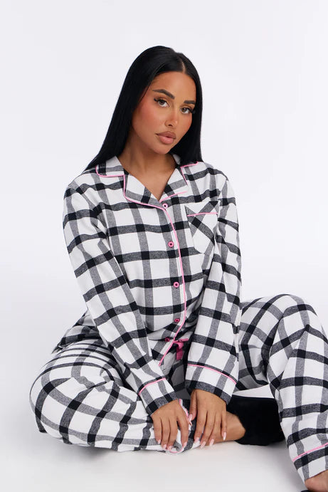 Ensemble de pantalon pyjama à manches longues en flanelle So Chill - Blanc/Noir