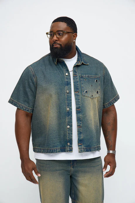 Chemise en jean boutonnée avec détails à œillets - Vintage Blue Wash