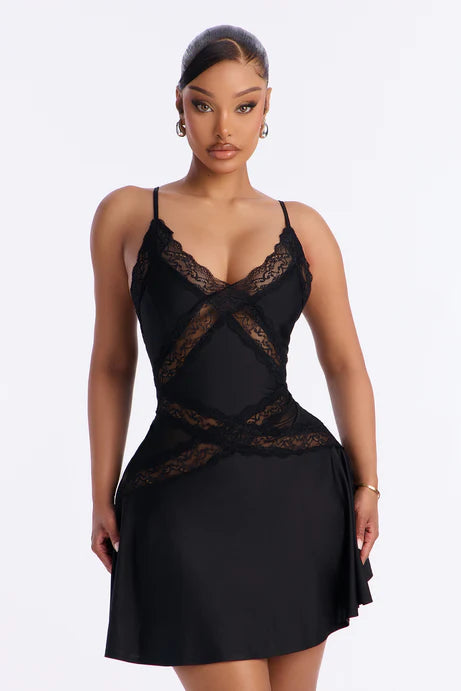 Robe Mini-robe Soft Girl Era Lace Trim - Noir