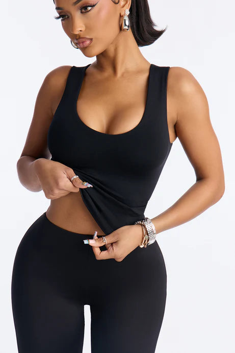 Débardeur à col en U double doublé sans couture - Noir