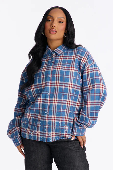 96 Vintage Fantasy Strass Plaid Long Flanelle - Bleu/combo