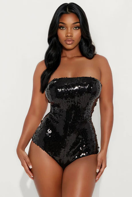 Body à paillettes sans bretelles Feeling Sexy - Noir