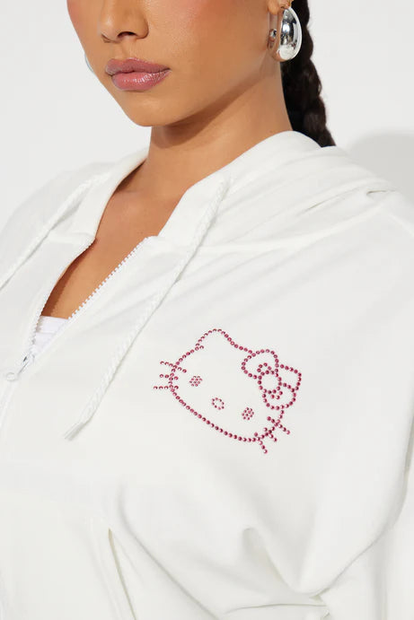 Sweat à capuche zippé en velours strass Hello Kitty - Blanc