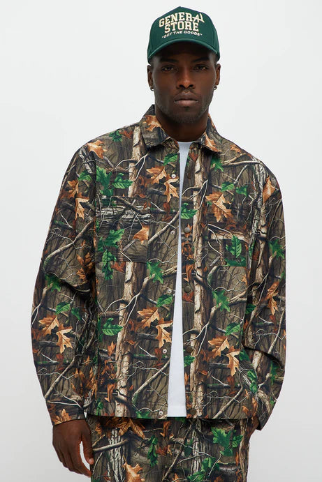 Chemise rustique à manches longues boutonnée - Combo marron