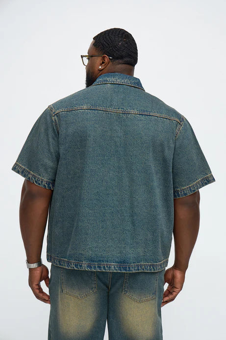 Chemise en jean boutonnée avec détails à œillets - Vintage Blue Wash