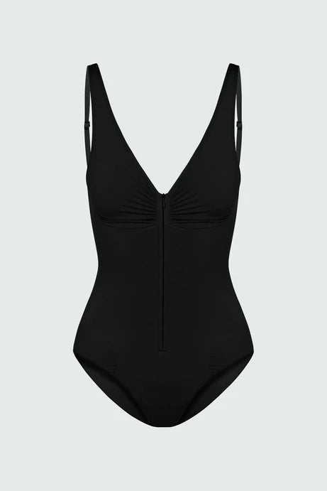 Body sans couture à compression sans couture avec fermeture éclair sur le devant - Noir