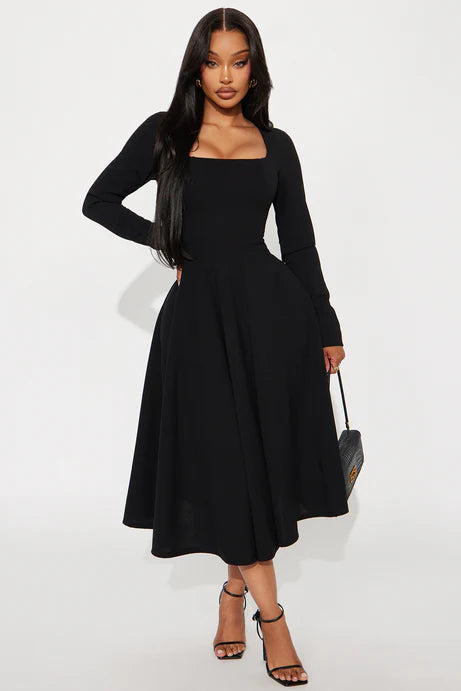 Robe mi-longue à manches longues Alena - Noir