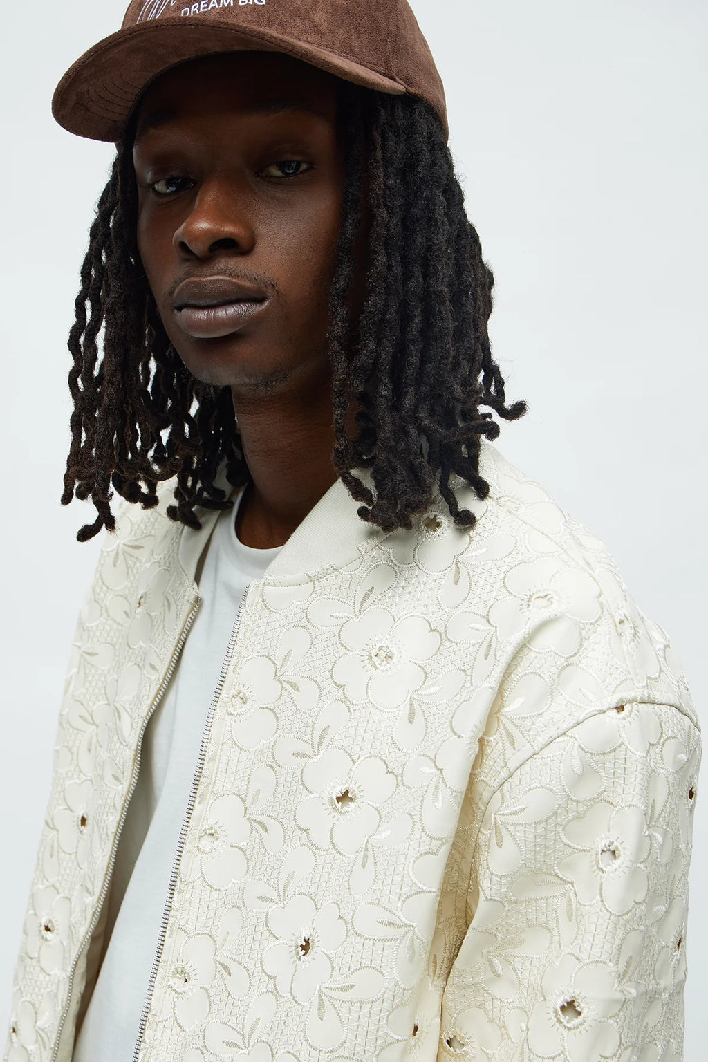 Blouson aviateur floral brodé en faux cuir décontracté - Blanc cassé