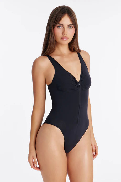 Body sans couture à compression sans couture avec fermeture éclair sur le devant - Noir