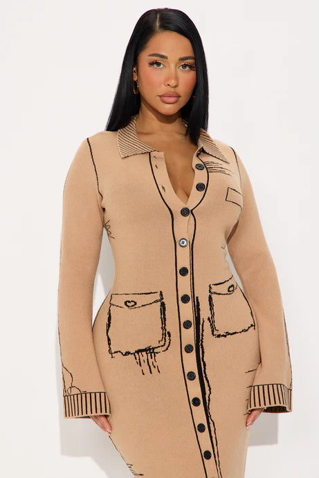 Jayne Printed Maxi Sweater Dress - Taupe/combo