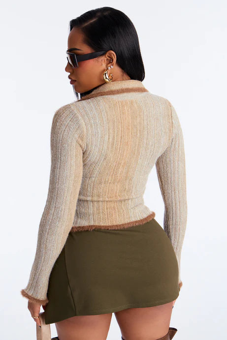 Cardigan à fermeture éclair confortable sur le devant Ombre - Marron/combo