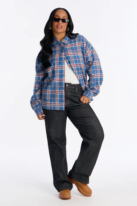 96 Vintage Fantasy Strass Plaid Long Flanelle - Bleu/combo